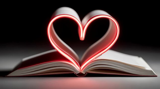 Open book with pages forming a heart shape illuminated by red light, showcasing a creative visual concept of love and literature in a dark setting