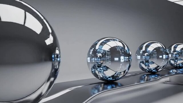 Futuristic Technology Visualization of a Liquid Metal Sphere Splitting into Multiple Spheres on Abstract Rails