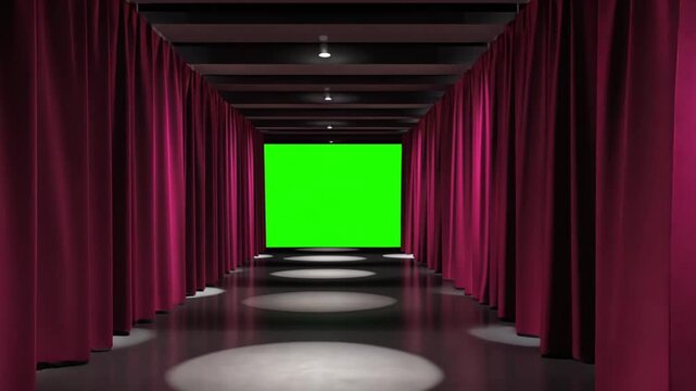 green screen with endless red curtain hallway perspective video