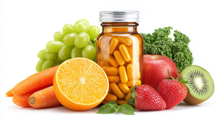 Fresh vegetables and fruits arranged on a white background with a jar of vitamin supplements, balanced nutrition and preventive health care concept, immunity support and wellness lifestyle.