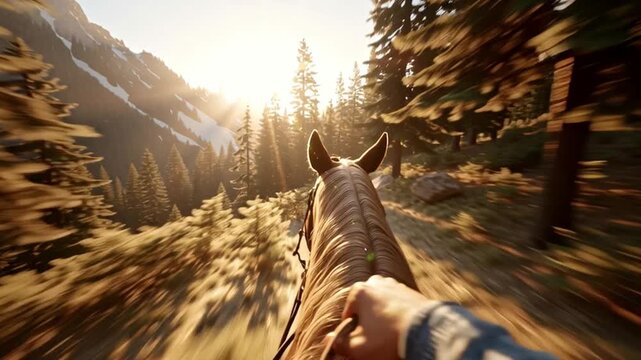 A person rides a horse through a forest with tall trees at sunrise. Sunlight filters through the branches, creating a warm glow on the path. The horse moves swiftly over the ground.