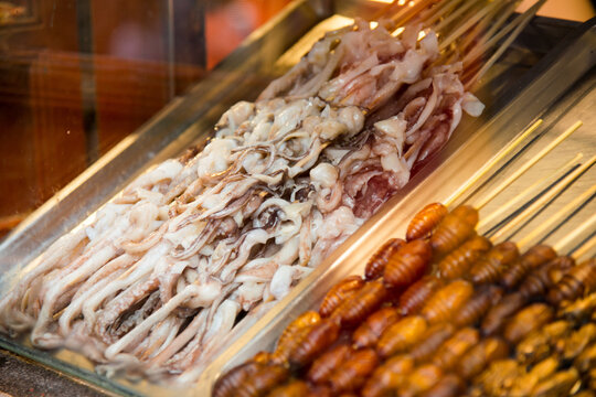 Roasted Duck and Sausages at Wangfujing Street Food Market, Beijing