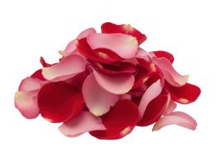 Pile of red and pink rose petals scattered on a black background isolated on transparent background