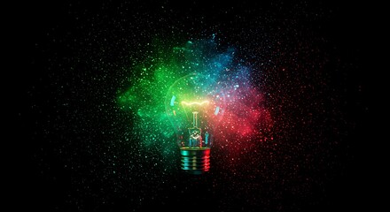 Light bulb with colorful glowing effect and particles around it