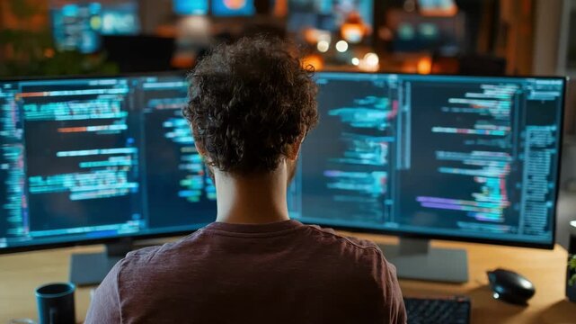 Medium shot of a programmer analyzing data on a dualmonitor setup refining systematic web indexing bots for better search results.