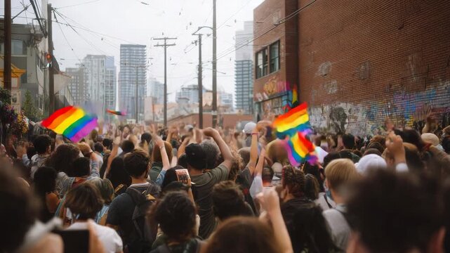 Crowd celebrating with rainbow flags at a pride parade in a city street