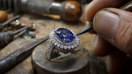 A jeweler working on a glamorous engagement ring, close-up with tools