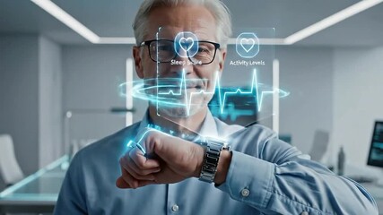 Wearable technology health monitoring with futuristic digital interface displaying sleep score and activity levels on smart watch, tracking health data for senior man wellness and fitness - Powered by Adobe