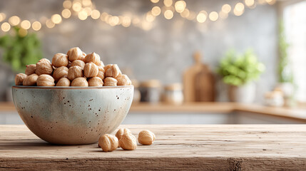 Chickpeas in a bowl on a kitchen table. Minimal scene with natural texture. Concept of plant protein, healthy nutrition and vegetarian diet.