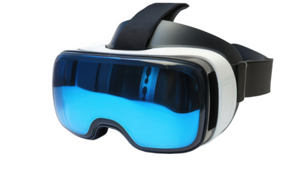 Virtual reality headset with blue lenses against a on transparent background
