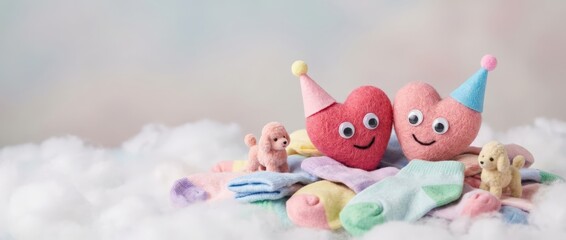 Fototapeta premium Surreal silliness with cute heart characters and adorable animals dreamy cloud background playful scene for imaginative content