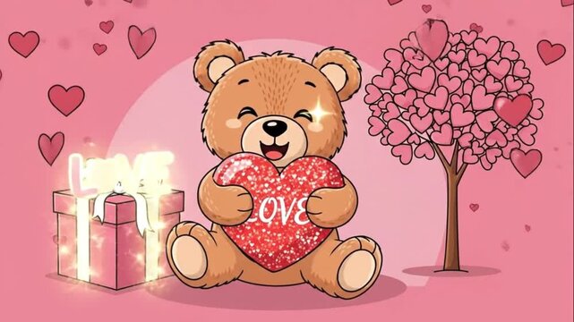 Cute cartoon teddy bear holding a love heart next to a gift and heart tree