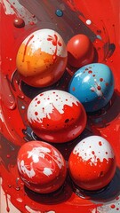 Colorful speckled eggs float in swirling vibrant paint, bright and saturated with abstract background