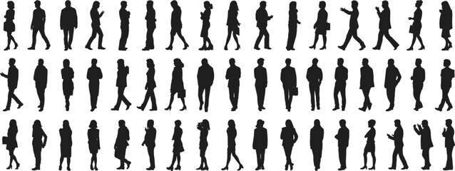 48 people silhouettes, walking poses, standing figures, casual and business attire, diverse crowd, black icons, vector illustration, isolated design