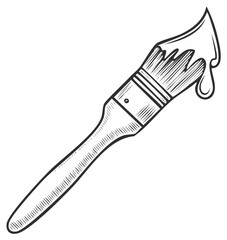Obraz premium Hand drawn sketch of a paintbrush with dripping paint. Black and white line art illustration of an artistic tool.
