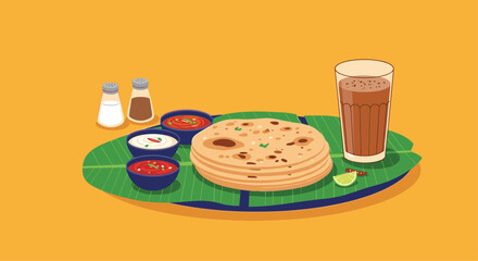 Traditional South Indian meal featuring paratha flatbread, various spicy chutneys, and a glass of tea served on a green banana leaf.