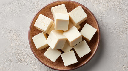 Top view of a plate of tofu. Concept of vegan nutrition, plant-based protein, and a healthy lifestyle.