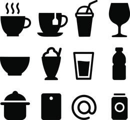 Versatile collection of silhouette vector icons featuring beverages, food, and kitchen items, ideal for modern graphic design projects and digital interfaces