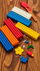 Colorful plasticine bars, scattered bits, and a tool lay on a textured wooden surface in a vertical arrangement