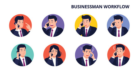 Fototapeta premium Collection of diverse businessman and businesswoman avatars showing various facial expressions while on a phone call.