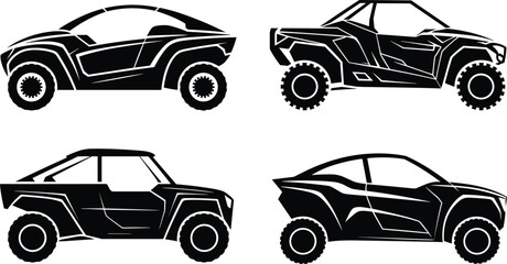 Off road car silhouette set, buggy and ATV vehicle icons, racing transport black vector illustration isolated on white © Bokul Creatives
