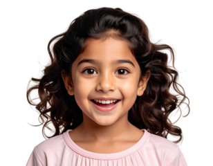 Portrait of a little girl feel excited and happy with hands up, isolated on a transparent background.
