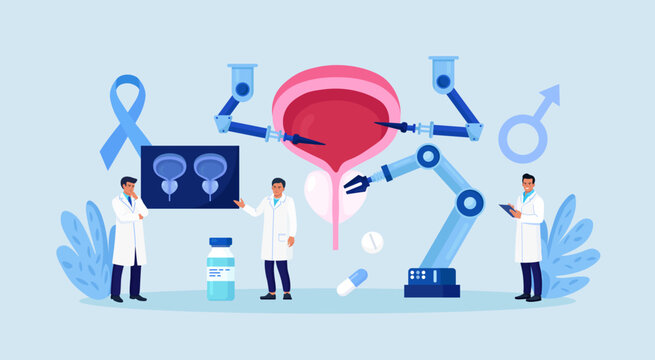 Robot arms operating healing prostate, bladder. Robotic surgery. Modern prostate cancer treatment. Medical technologies innovation. Urologist doctor treating diseases of genitourinary system with AI