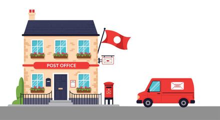 Classic post office building with a red delivery van, a traditional mailbox, and a flag on a white background.