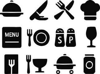 Versatile Collection of Black and White Minimalist Dining and Restaurant Icons for Modern Web Design, Mobile Apps, and Food Service Branding Projects