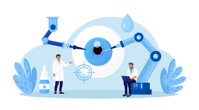 Robot arms operating healing eyeball. Robotic surgery. Machine surgeon and disease diagnostics. Vision eye surgery cataract and astigmatism. Medical technologies innovation