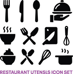 Comprehensive Vector Icon Set Featuring Essential Restaurant Utensils and Kitchen Tools for Culinary Graphics and Food Service Design Projects