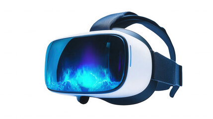 Virtual reality headset displaying a vibrant digital world on a black backdrop on transparent background
