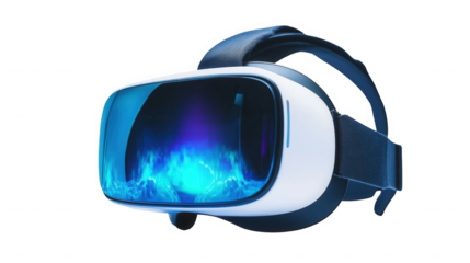 Virtual reality headset displaying a vibrant digital world on a black backdrop on transparent background