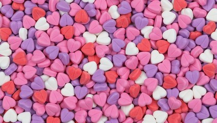 Background of colorful heart shaped sugar candies. Pink purple and red sweet confectionery texture for Valentine's Day. Top view of romantic love symbol pattern