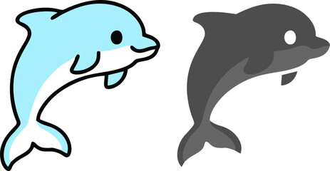 Jumping Dolphin Cartoon And Silhouette Vector