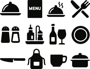A comprehensive collection of elegant vector icons representing essential restaurant dining and kitchen culinary elements for menus, apps, and web design projects, suitable for various graphic needs