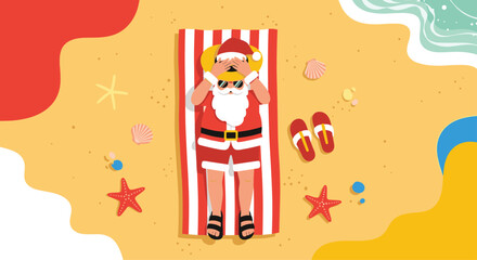 Fototapeta premium Funny illustration of Santa Claus sunbathing on a red and white striped beach towel at the shore with seashells.