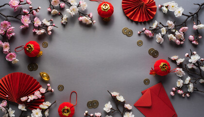 Celebration of Chinese New Year with traditional decorations and ornaments on a grey background