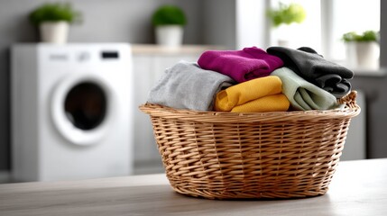 Laundry basket filled with vibrant, freshly washed clothes in a modern studio, with a washing machine in the background, showcasing soft lighting and realistic fabric textures, ideal for commercial us