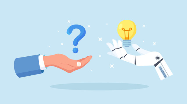 Human hand holding question mark, robot hand holds glowing light bulb. AI providing solutions, answers. Using artificial intelligence to generate ideas to help solve problems. Creative brainstorming