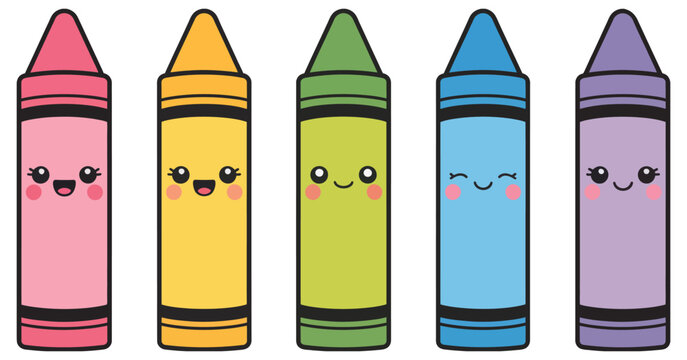 Kawaii Cartoon Crayons Clipart, Colorful Crayon Characters, Cute School Art Supplies, Vector Illustration for Kids, Fun Design.