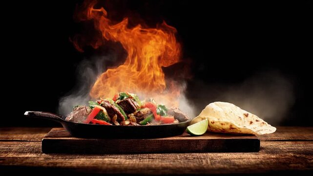 Sizzling skillet with cooked meat and vegetables, fiery blaze, and tortilla on a wooden surface
