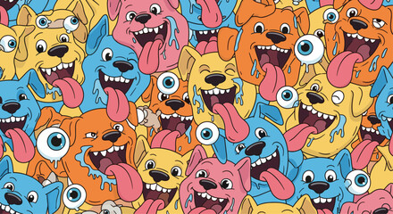 Hectic and colorful pattern of numerous cartoon dog faces with their tongues out and floating eyeballs for quirky design.