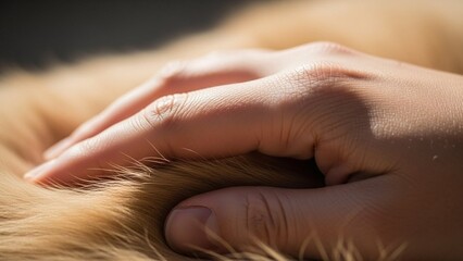 Naklejka premium Close-up of a human hand gently touching a dog’s fur, soft natural light, detailed texture of skin and fur, emotional connection, viewer can almost feel the softness and warmth, realistic lifestyle