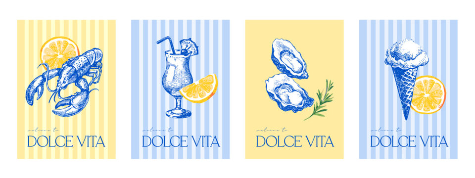 Vintage summer Italy Mediterranean coastal poster set. Lemon and Italian food stamp design. Hand drawn vector illustration. Amalfi sketch and watercolor beach vacation banners.