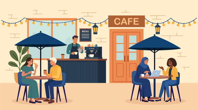 Summer outdoor cafe terrace. People sitting at table in street cafe, drinking beverage. Barista making coffee standing at bar counter desk. Diverse patrons enjoying food, some working on laptops