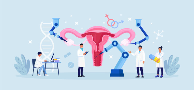 Robot arms operating healing female uterus. Robotic gynecology surgery. Modern reproductive system treatment. Medical technologies innovation. Doctor treating cervical cancer or ovary with AI