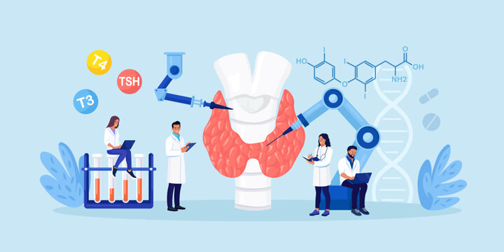 Robot arms operating healing thyroid gland. Robotic surgery. Modern endocrine system treatment. Medical technologies innovation. Doctor treating hypothyroidism, hyperthyroidism with AI