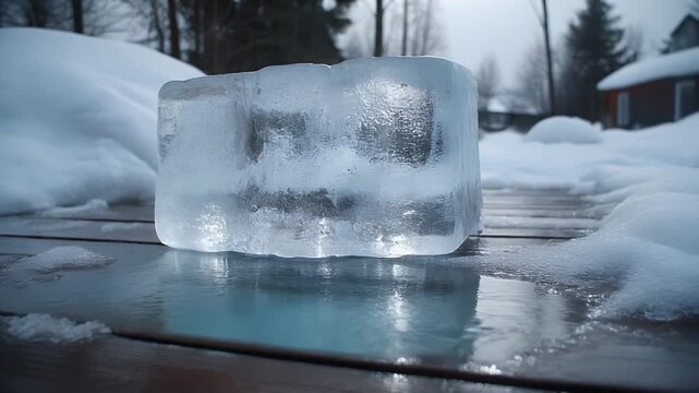 Melting Ice Block on Wooden Surface in Winter Landscape with Snow and Reflections