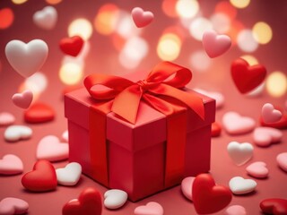 Romantic gift box surrounded by hearts